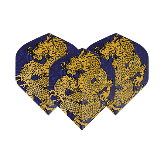 Pentathlon Vluchten Draakblauw Auf dem Bild sind drei Dartflights mit einem auffälligen goldenen Drachendesign auf dunkelblauem Hintergrund zu sehen. Es handelt sich um die "Pentathlon Dragon 4 Standard Flights".