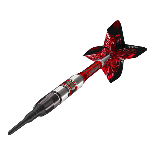 Das Bild zeigt den DW Piranha Razor 02 Softdart. Der Dart hat ein modernes Design mit roten und silbernen Akzenten.