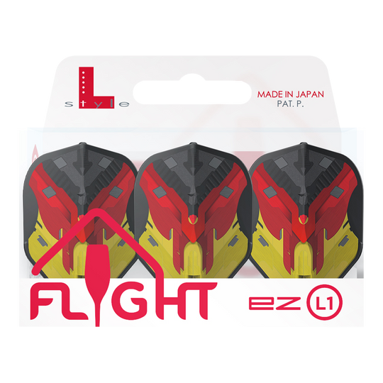 Das Bild zeigt eine Packung mit drei Dartflights in den Farben Schwarz, Rot und Gelb. Auf der Verpackung steht „FLIGHT ez L1“ und sie ist als „Made in Japan“ gekennzeichnet.