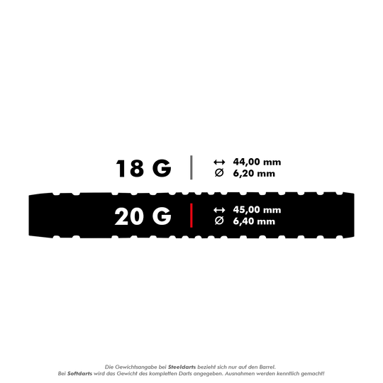 Shot Michael Smith bereikt zachte darts Das Bild zeigt die Maße und Gewichte von Softdarts in 18 Gramm und 20 Gramm. Die Länge und der Durchmesser variieren je nach Gewicht: 18 g hat 44,00 mm Länge und 6,20 mm Durchmesser, 20 g hat 45,00 mm Länge und 6,40 mm Durchmesser.