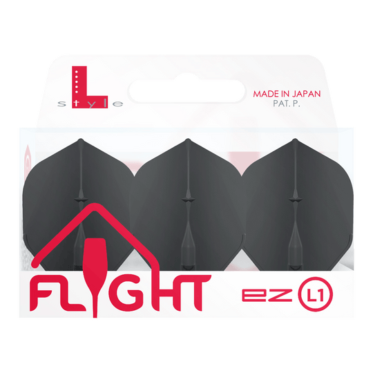L-Style Champagne L1EZ Standaard Vluchten Die Abbildung zeigt eine Packung mit L-Style Champagne L1EZ Standard Flights. In der Verpackung befinden sich drei schwarze Dartflights.