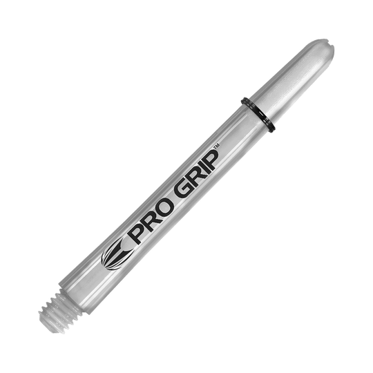 Target Pro Grip Shafts - 3 sets - Transparant Das Bild zeigt einen transparenten "Pro Grip" Schafts für Darts. Der Schaft ist 48 mm lang und hat ein einfaches, klares Design.