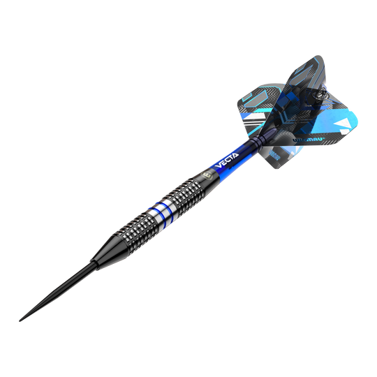 Winmau Galactics Steeldarts Das Bild zeigt einen Winmau Galactics Steeldart mit einem modernen Design. Der Dart hat blaue und silberne Akzente sowie ein auffälliges Flight-Muster.