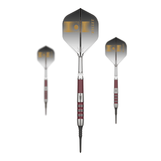 Auf dem Bild sind drei Softdarts des Modells „Target Stephen Bunting 95K“ mit einem Gewicht von 19g zu sehen. Die Darts haben schwarze Flights mit goldener Aufschrift und silber-rote Griffe.
