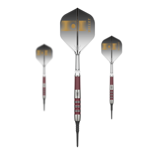 Target Stephen Bunting 95K Soft Darts - 19g Auf dem Bild sind drei Softdarts des Modells „Target Stephen Bunting 95K“ mit einem Gewicht von 19g zu sehen. Die Darts haben schwarze Flights mit goldener Aufschrift und silber-rote Griffe.