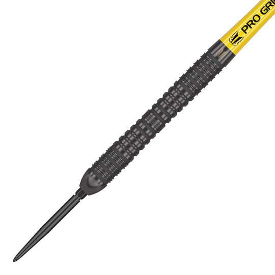 Target Bolide Void 04 Swiss Point stalen darts Das Bild zeigt einen Target Bolide Void 04 Swiss Point Steeldart. Der Dart hat ein schwarzes, geriffeltes Barrel und einen gelben Schaft mit der Aufschrift "PRO GRIP".