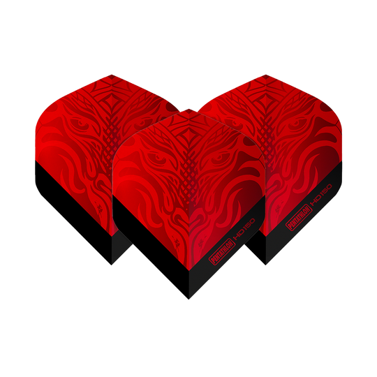 Pentatlon HD150 Metallic Rood Standaardvluchten Das Bild zeigt drei rote Dart-Flights mit einem auffälligen, metallischen Muster. Auf den Flights steht "Pentathlon HD150" in schwarzer Schrift.