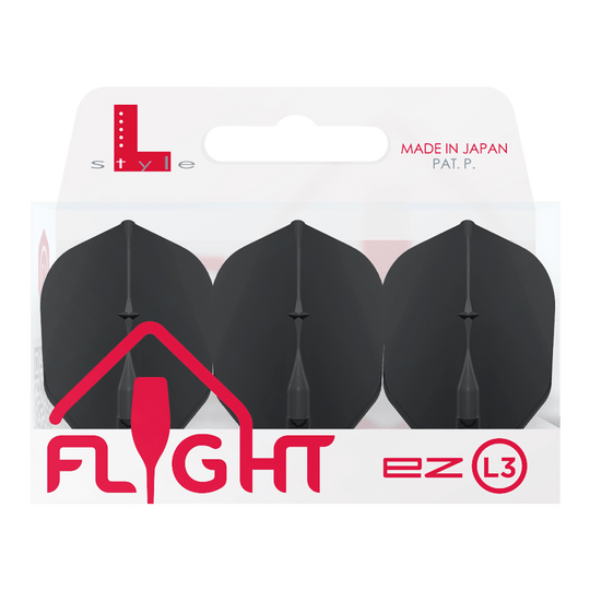 L-L-Style3EZ-vluchten Auf dem Bild ist eine Packung mit drei schwarzen Dartflights der Marke L-Style zu sehen. Die Verpackung trägt die Aufschrift „MADE IN JAPAN“ und „FLIGHT ez L3“.