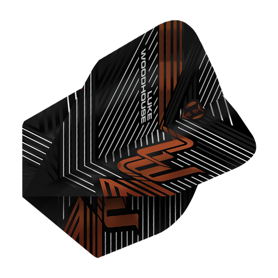 Harrow's Luke Woodhouse Serie 2 Vluchten Das Bild zeigt die Harrows Luke Woodhouse Series 2 Flights. Die Flights sind schwarz mit weißen und orangefarbenen Linien sowie dem Namen "Luke Woodhouse" darauf.