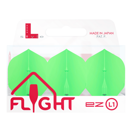 L-Style Champagne L1EZ Standaard Vluchten Das Bild zeigt eine Packung der "L-Style Champagne L1EZ Standard Flights" in grün. Die Verpackung ist weiß und hebt hervor, dass das Produkt in Japan hergestellt wurde.