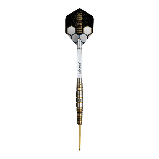Unicorn Hexium Style 03 Goud & Zwart Steeldarts Unicorn Hexium Style 03 Gold & Black Steeldarts werden in dieser Abbildung dargestellt. Die besondere Gold-Schwarz-Optik hebt die Darts hervor.
