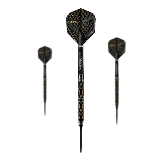 Harrows Taipan steel darts Das Bild zeigt drei Harrows Taipan Steeldarts mit einem schwarzen und goldenen Design. Die Darts haben eine strukturierte Oberfläche und moderne Flights.
