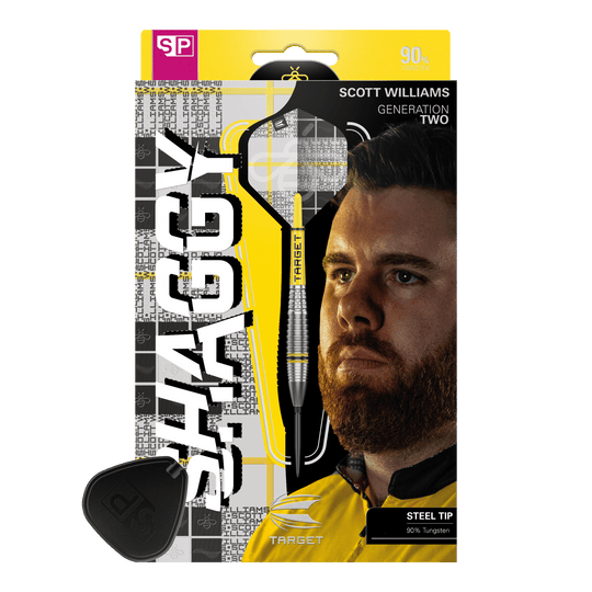 Target Scott Williams GEN2 Swiss Point steel darts Das Bild zeigt die Verpackung der Target Scott Williams GEN2 Swiss Point Steeldarts. Auf der Verpackung ist ein Porträt von Scott Williams und ein einzelner Dart mit Stahlspitze abgebildet.