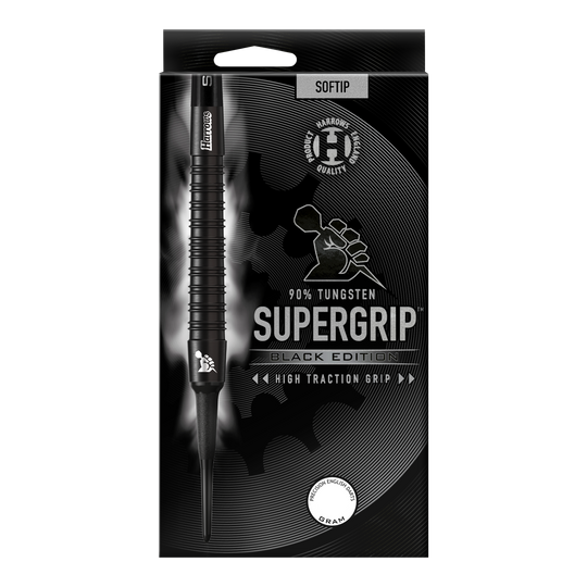 Harrows Supergrip Black Edition zachte darts Das Bild zeigt die Verpackung der "Harrows Supergrip Black-Edition Softdarts". Die Darts bestehen zu 90 % aus Tungsten und haben eine hohe Griffigkeit.