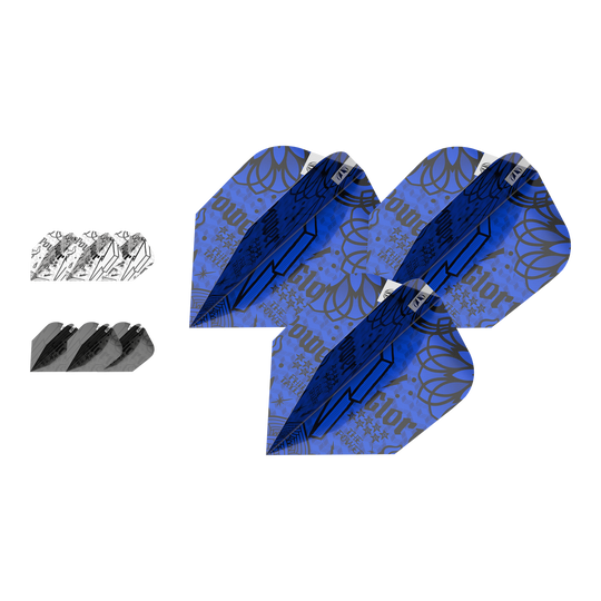 Target Ink Bundle 3 Sets Power Ten-X Flights Das Bild zeigt drei Sets von Target Ink Bundle Power Ten-X Flights in verschiedenen Farben und Designs. Die größten Flights sind blau mit auffälligen Mustern, während die anderen schwarz und weiß sind.