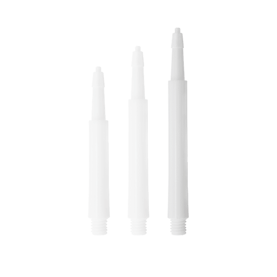 Das Bild zeigt drei weiße Harrows Clic Standard Shafts in unterschiedlichen Längen. Die Shafts sind für den Einsatz bei Darts gedacht.