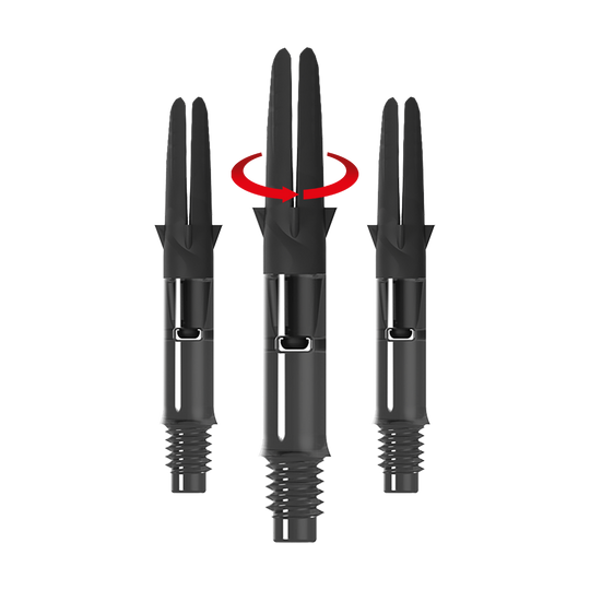 L-L-Style-Shaft Carbon Silent Straight - Zwart Das Bild zeigt drei schwarze Carbon-Schaftsätze für Dartpfeile ohne Kappen. Über dem mittleren Schaft ist ein roter Pfeil, der eine Drehbewegung anzeigt.