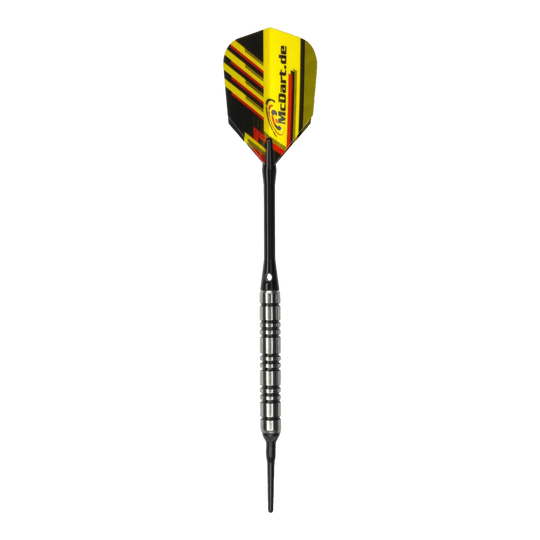 McDart 85 Tungsten V2 zachte darts - 17g Das Bild zeigt einen McDart 85er Tungsten V2 Softdart mit einem Gewicht von 17 Gramm. Er hat einen silbernen Barrel und ein gelb-schwarzes Flight mit McDart.de-Aufdruck.
