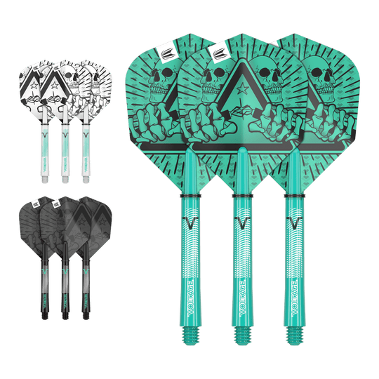 Target Ink Flight Shaft Kit Rob Cross Das Bild zeigt drei Sätze von Dartflights und -schäften in unterschiedlichen Farben und Designs. Die größten Flights haben ein auffälliges grünes Motiv mit einem Totenkopf und einer Hand.