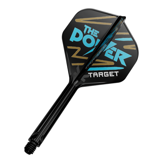 Auf dem Bild ist ein Dartpfeil mit schwarzer Flight zu sehen. Auf der Flight steht in blauer und weißer Schrift "The Power" und "Target" mit goldenen Zierstreifen.