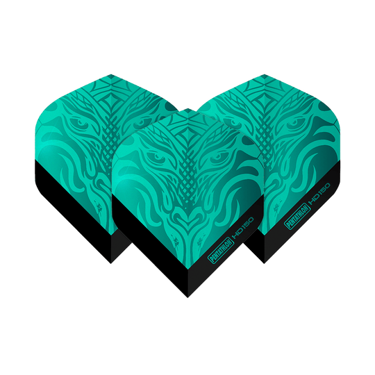 Pentatlon HD150 Metallic Aqua Standaard Vluchten Das Bild zeigt drei Dart-Flights des Produkts "Pentathlon HD150 Metallic Aqua Standard Flights". Sie sind in einer metallic-aqua Farbe mit einem auffälligen Muster gestaltet.