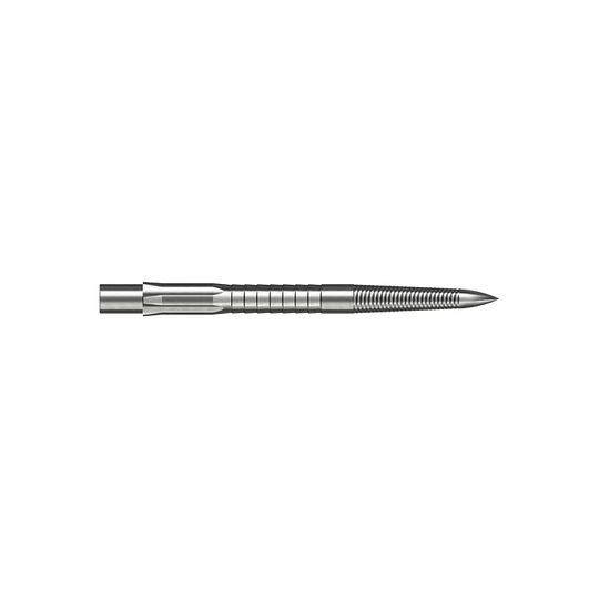 Caliburn System Steel Dart Tips - Micro Grip - Zilver Das Bild zeigt eine silberne Steeldartspitze mit feinem Mikrorillen-Grip. Die Spitze ist gerade und hat eine Länge von 28 mm.