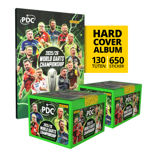 Panini PDC World Darts Championship 2025/26 - Hardcover Mega Bundle met twee stickerdozen Abgebildet ist das Panini PDC World Darts Championship 2025/26 Hardcover Mega Bundle mit zwei Stickerboxen. Das Produkt eignet sich für Dart-Fans zum Sammeln und Tauschen.