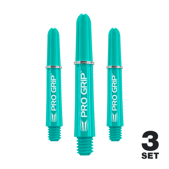 Target Pro Grip Shafts - 3 sets - Aqua Auf dem Bild sind drei aqua-blaue Pro Grip Shafts für Darts zu sehen. In der rechten unteren Ecke steht "3 SET".