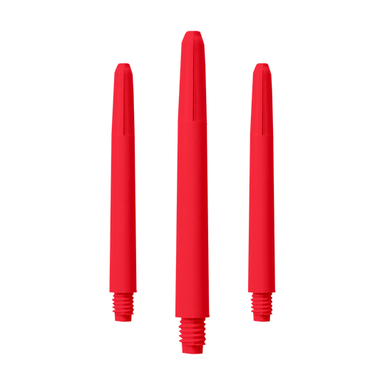 571_Nylon_Shafts_Rot_48mm_1 Das Bild zeigt drei rote Nylon-Schäfte. Sie sind in einer aufrechten Position nebeneinander angeordnet.