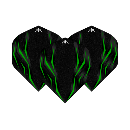 Mission Lava Green No2 Standaardvluchten Das Bild zeigt die Mission Lava Green No2 Standard Flights. Die Flights sind schwarz mit grünen, leuchtenden Linien und einem kleinen weißen Logo oben.