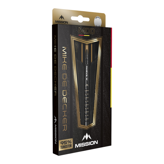 Die Abbildung zeigt die Verpackung der "Mission Mike De Decker MDD Black Gold Softdarts - 20g". Die elegante Box hebt das Design der Darts sowie den hohen Tungsten-Anteil von 95 % hervor.