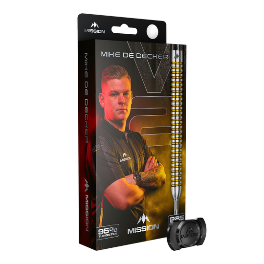 Zu sehen sind die Mission Mike De Decker V2 R2.5 Steeldarts. Die Darts sind für präzises Werfen beim Steeldart entwickelt.
