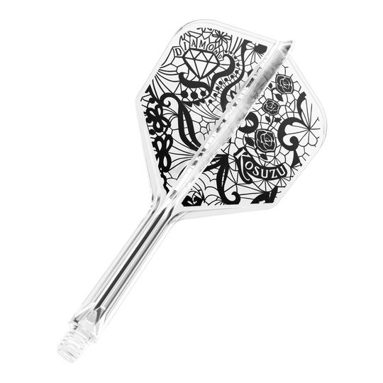 Target Japan K-Flex Diamond No6 Flight Shaft-systeem Dies ist ein transparenter Dartpfeil mit schwarzem, detailreichem Design auf der Flight-Fläche. Auf dem Flight sind unter anderem ein Diamant, Rosen und Schriftzüge zu sehen.