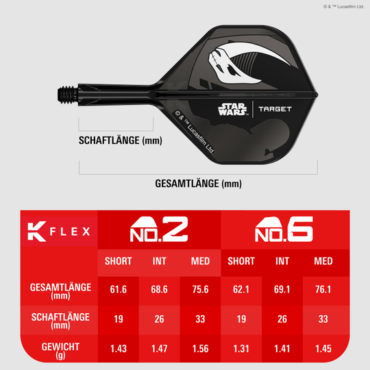 Target Star Wars K-Flex Set Mandalorian nr. 6 Flights Abgebildet ist das Target Star Wars K-Flex-Set Mandalorian No2 Standard Flights. Die Flights zeigen ein Design im Stil von Mandalorian aus Star Wars.