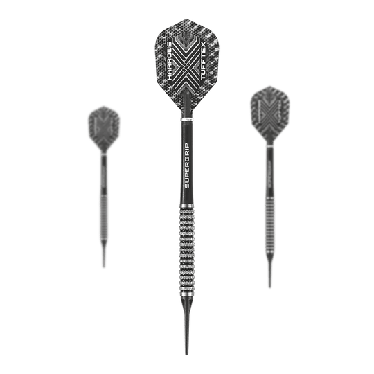 Harrows Nemesis Soft Darts Das Bild zeigt drei Harrows Nemesis Softdarts mit schwarzem und silbernem Design. Die Darts haben strukturierte Griffe und auffällige Flights mit dem Schriftzug "Harrows TUFFTEX".