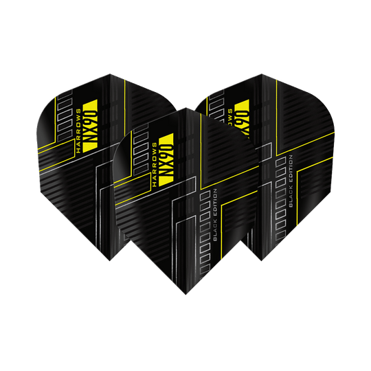Harrows NX90 Black Edition No6 Vluchten Das Bild zeigt drei schwarze Dart-Flights mit dem Namen "Harrows NX90 Black-Edition No6". Die Flights haben ein modernes Design mit gelben Linien und Schriftzügen.