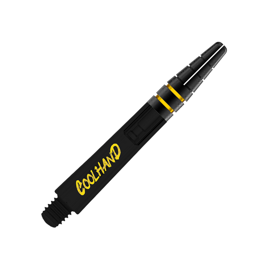 Red Dragon Nitrotech Luke Humphries Coolhand Shafts - Zwart Das Bild zeigt einen schwarzen Dart-Schaft mit gelben Akzenten. Auf dem Schaft steht das Wort "COOLHAND" in gelber Schrift.