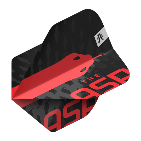 Target Pro Ultra Nathan Aspinall No2 standaardvluchten - 3 sets Das Bild zeigt ein Dart-Flight mit einem schwarzen und roten Design sowie der Aufschrift „THE ASP“. Auf dem Flight ist eine stilisierte rote Schlange abgebildet.