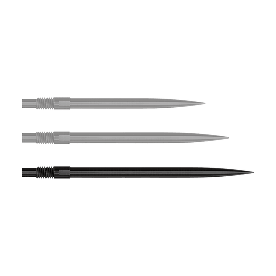 Harrows Quick Point dartpunten - Zwart Auf diesem Bild sind 40 mm lange, schwarze Dartspitzen dargestellt. Die Spitzen werden nebeneinander angeordnet gezeigt.