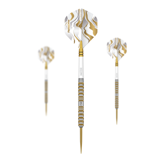 Red Dragon Paradym Gold Parallel Steeldarts Zu sehen ist ein Set der Red Dragon Paradym Gold Parallel Steeldarts. Das Set besteht aus mehreren Steeldarts mit einer goldfarbenen Optik.