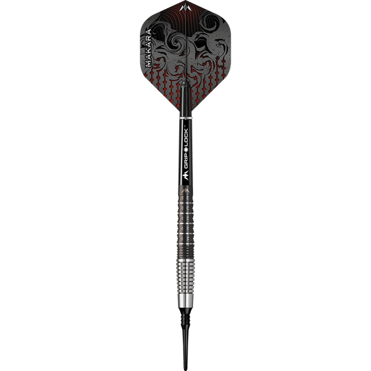 Mission Makara M2 zachte darts - 20g Das Bild zeigt einen Mission Makara M2 Softdart mit einem Gewicht von 20g. Der Dart hat ein auffälliges Flight-Design in Schwarz und Rot sowie eine geriffelte silber-schwarze Griffzone.
