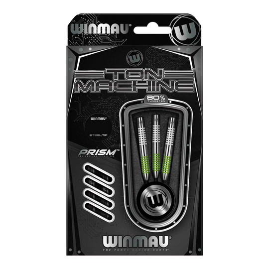 Winmau Ton Machine stalen dartpijlen Die Abbildung zeigt die Winmau Ton Machine Steeldarts. Es handelt sich um hochwertige Dartpfeile für Steeldartspiele.