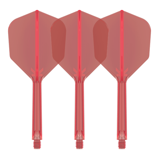 Target K-Flex No6 Vluchtsysteem - Rood Auf dem Bild sind drei rote Dart-Flights mit integrierten Schäften zu sehen. Sie stehen nebeneinander und sind identisch gestaltet.