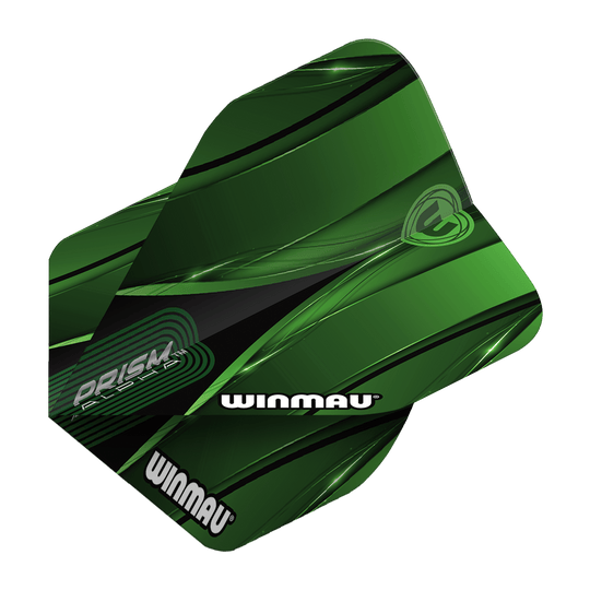 Winmau Alpha Sniper Green Standaardvluchten Das Bild zeigt das Produkt "Winmau Alpha Sniper Green Standard Flights". Die Dart-Flights sind grün mit schwarzen und weißen Akzenten gestaltet und tragen den Schriftzug "WINMAU".