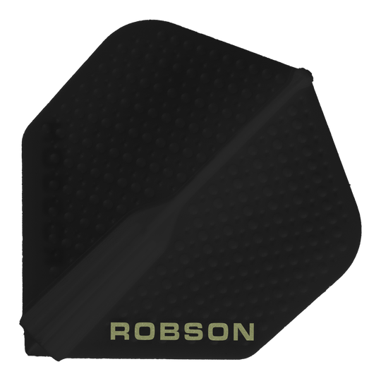 Robson Plus Dimple Flights - Zwart Dieses Bild zeigt ein schwarzes Dart-Flight mit dem Namen "Robson Plus Dimple Flights - Schwarz". Auf dem Flight steht am unteren Rand das Wort "ROBSON" in hellen Buchstaben.