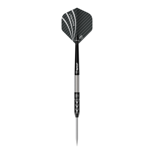 Bulls Challenger Arno Merk stalen dartpijlen - 22 g Das Bild zeigt einen Steeldart namens "Bulls Challenger Arno Merk Steeldarts - 22g". Der Dartpfeil ist schwarz-silber und hat ein modernes Design mit strukturiertem Schaft und schwarzer Flight.