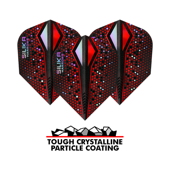 Harrows Silika Colourshift Tough Crystalline Coating Rood-X No6 Vluchten Das Bild zeigt drei Dart-Flights der Marke Harrows Silika Colourshift in Rot und Schwarz mit bunten Punkten. Unter den Flights steht der Text „Tough Crystalline Particle Coating“ mit einer Grafik von kleinen Kristallen.