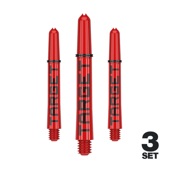 Target Pro Grip TAG Shafts - 3 sets - Rood Das Bild zeigt drei rote Dartschäfte mit der Aufschrift "TARGET". Unten rechts steht "3 SET", was auf ein Set mit drei Stück hinweist.