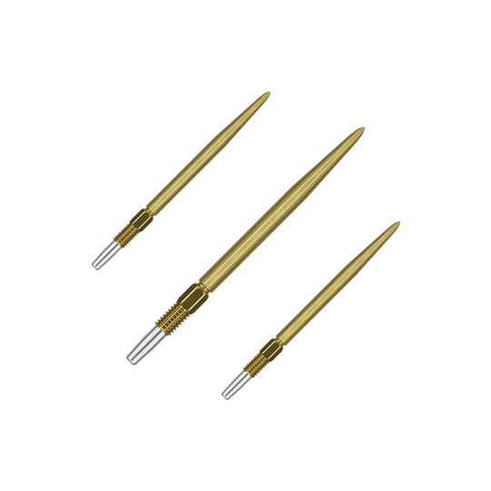 Target Swiss Point Nano Dartpunten - Goud Auf dem Bild sind drei goldfarbene Dartspitzen zu sehen. Sie haben eine feine Riffelung und ein silbernes Schraubgewinde am Ende.
