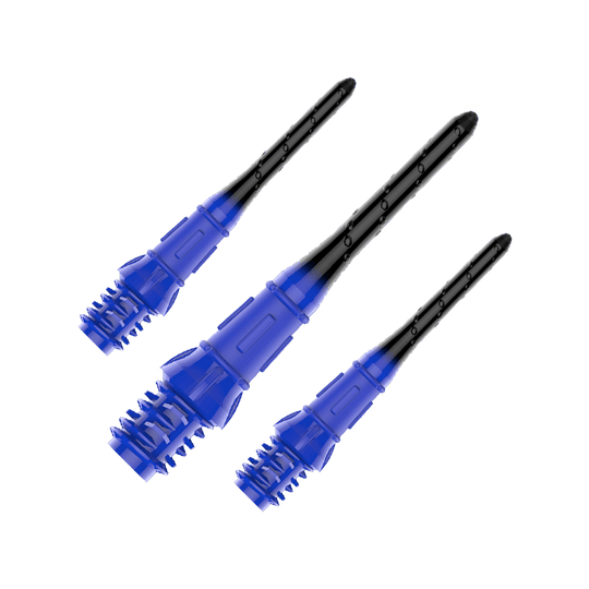 L-Style Premium Lippoint Gradiation Dart Tips (verpakking van 30) Das Bild zeigt drei schwarze und blaue Dartspitzen aus Kunststoff. Sie sind nebeneinander auf einem transparenten Hintergrund angeordnet.